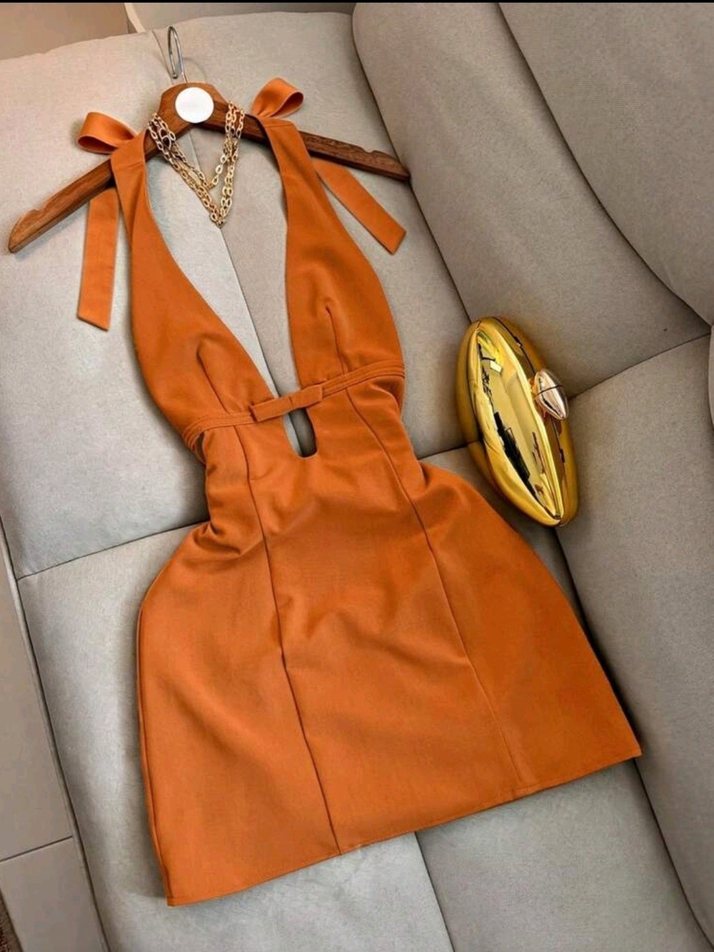 SHEIN Burnt Orange Halter Mini Dress with Tie Straps